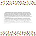 Colorful horizontal fruit background, black Lorem ipsum