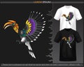 Colorful Hornbill bird mandala arts isolated on black and white t shirt Royalty Free Stock Photo