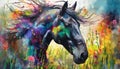 A colorful horse with a black mane and tail is standing in a field of flowers