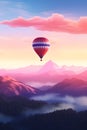 Colorful hot air balloon flying early in the morning over the mountain. Scenic sunrise or sunset view Royalty Free Stock Photo