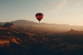 Colorful hot air balloon flying early in the morning over the mountain. Scenic sunrise or sunset view Royalty Free Stock Photo