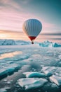 colorful hot air balloon flying over an expanse of snow, water and ice at sunset Royalty Free Stock Photo