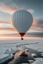 colorful hot air balloon flying over an expanse of snow, water and ice at sunset Royalty Free Stock Photo