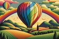 Colorful hot air balloon flying over green fields and blue sky with clouds Royalty Free Stock Photo