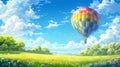 A colorful hot air balloon flying over a lush green field, AI Royalty Free Stock Photo