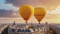 colorful hot air balloon flying over a medieval city with towers and churches at sunset - Royalty Free Stock Photo