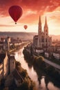 colorful hot air balloon flying over a medieval city with towers and churches at sunset - Royalty Free Stock Photo