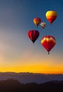 Colorful hot air balloon is flying at sunrise and sunset, hot air balloon Landscape at Sunrise. Travel, inspiration, success,