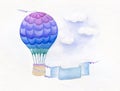 Colorful hot air balloon isolated on white background.Watercolor Illustration. Hot air balloons with vertical banners on blue sky. Royalty Free Stock Photo