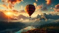 A colorful hot air balloon is near the sunlight. A hot air balloon flying over a mountain range Royalty Free Stock Photo