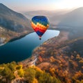 colorful hot air balloon ride over a breathtaking landsca three generative AI Royalty Free Stock Photo