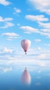 A pink and white hot air balloon flying over water Royalty Free Stock Photo