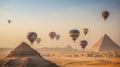 Many Hot Air Balloons Above The Egyptian Pyramids in Giza, Egypt - Generative AI Royalty Free Stock Photo