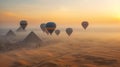 Multiple Hot Air Balloons Above The Egyptian Pyramids in Giza, Egypt - Generative AI Royalty Free Stock Photo