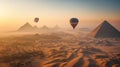 Warm Sunset Over Hot Air Balloons Above The Egyptian Pyramids in Giza, Egypt - Generative AI Royalty Free Stock Photo