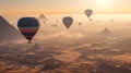 Dozens of Hot Air Balloons Above The Egyptian Pyramids in Giza, Egypt - Generative AI Royalty Free Stock Photo