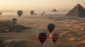 Many Hot Air Balloons Above The Egyptian Pyramids in Giza, Egypt - Generative AI Royalty Free Stock Photo