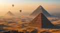 Two Colorful Hot Air Balloons Above The Egyptian Pyramids in Giza, Egypt - Generative AI