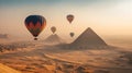 Four Colorful Hot Air Balloons Above The Egyptian Pyramids in Giza, Egypt - Generative AI