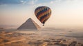 ONE Hot Air Balloon Above The Egyptian Pyramids in Giza, Egypt - Generative AI Royalty Free Stock Photo