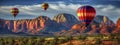 Dramatic Colorful Hot Air Balloons Above Sedona, Arizona Banner - Generative AI
