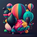 Colorful hot air balloons against isolated color background. Abstract balloon art poster.