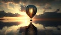 Colorful hot air balloons flies in glowing sunset sky above calm sea. Generative Ai Royalty Free Stock Photo