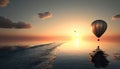 colorful hot air balloons flies in glowing sunset sky above calm sea. Generative AI Royalty Free Stock Photo