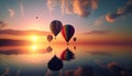 colorful hot air balloons flies in glowing sunset sky above calm sea. Generative AI Royalty Free Stock Photo