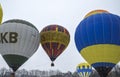 Colorful hot air balloons in flight at the festival of aeronautics in Kyiv