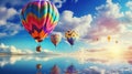 Colorful Hot Air Balloons Soar Above Water In Sunrise Royalty Free Stock Photo