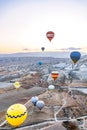 Colorful hot-air balloons floating in the sky over landscape