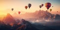 Colorful hot air balloons floating over snow-capped mountains during sunrise Royalty Free Stock Photo