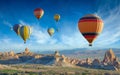 Colorful hot air balloons fly in blue sky over amazing valleys with fairy chimneys in Cappadocia, Turkey Royalty Free Stock Photo