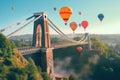 Colorful hot air balloons fly over the famous chain bridge in Budapest, Hungary, Clifton Suspension Bridge with hot air balloons