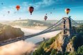 Colorful hot air balloons flying over the bridge in a beautiful summer landscape, Clifton Suspension Bridge with hot air balloons