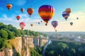 Colorful hot air balloons flying over the city, panoramic view, Clifton Suspension Bridge with hot air balloons in the Bristol