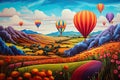 Colorful hot air balloons flying over the hills. Vector illustration, AI Generated