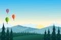 Colorful hot air balloons flying over mountain landscape. Green meadows and trees illustration Royalty Free Stock Photo