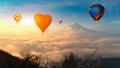 Colorful hot-air balloons flying over the mountain, Colorful hot air balloons flying over mount fuji at lake Kawaguchi,Yamanashi,