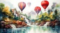 Colorful hot air balloons flying over the mountain river. Watercolor illustration Royalty Free Stock Photo