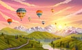 Colorful hot air balloons flying over mountain. Traveling, planning summer vacation