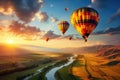 Colorful hot air balloons flying over mountain. Trips Royalty Free Stock Photo