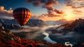 Colorful hot-air balloons flying over the mountain valley at sunset. Beautiful autumn landscape with fog and river Royalty Free Stock Photo