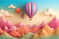 Colorful hot air balloons flying over the mountains. Paper art style, Paper art style of hot air balloon flying in the sky, AI