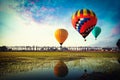 Colorful hot-air balloons flying over the u-bein bridge at burma