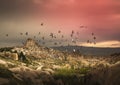Colorful hot air balloons before launch in Goreme national park, Cappadocia, Turkey. Royalty Free Stock Photo
