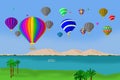 Colorful hot air balloons over scenic Nile river