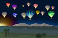 Colorful hot air balloons over scenic Nile river, sunrise