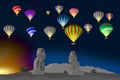Colorful hot air balloons over scenic pharaohs, sunrise Royalty Free Stock Photo